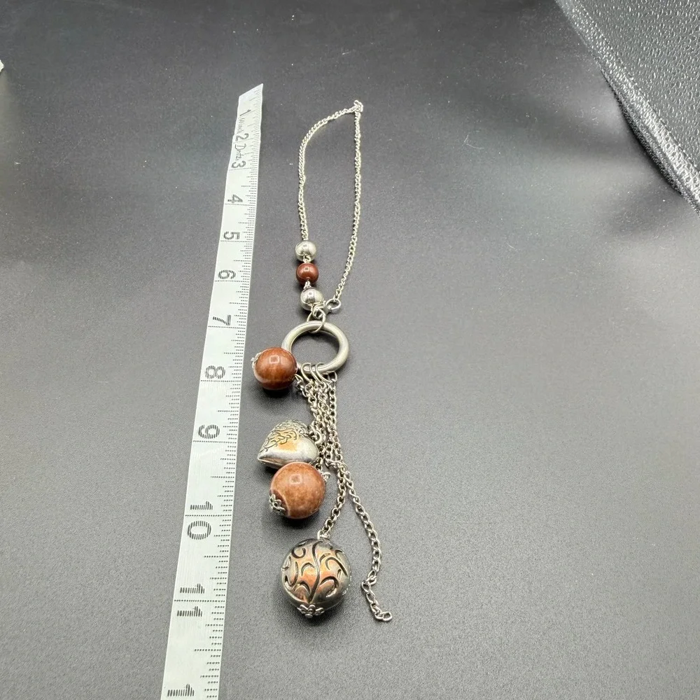 Silver Tone Brown Bead Tassel Necklace Heart Charm Circle Pendant Boho Jewelry